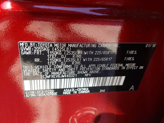 2T3WFREV6JW440321 - 2018 TOYOTA RAV4 ADVEN RED photo 10