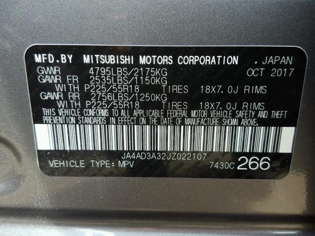 JA4AD3A32JZ022107 - 2018 MITSUBISHI OUTLANDER GRAY photo 10