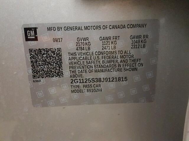 2G1125S38J9121815 - 2018 CHEVROLET IMPALA PRE ვერცხლისფერი ფოტო 10