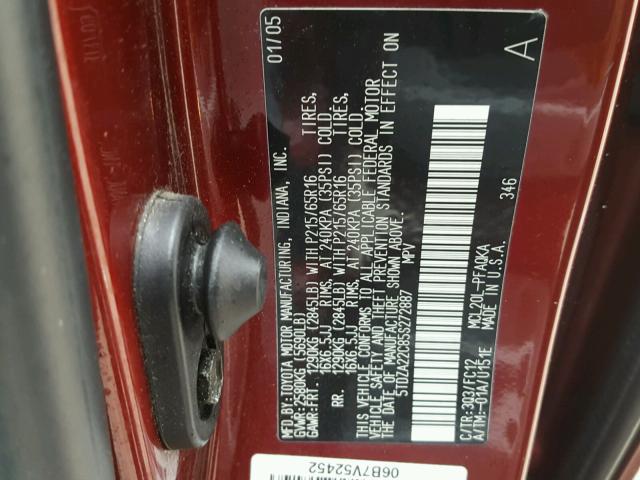 5TDZA22C85S272887 - 2005 TOYOTA SIENNA XLE RED photo 10