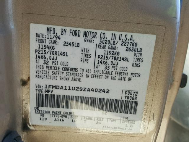 1FMDA11U2SZA40242 - 1995 FORD AEROSTAR BROWN photo 10