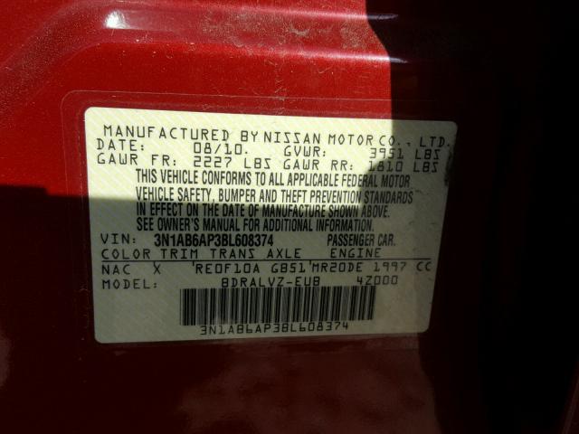 3N1AB6AP3BL608374 - 2011 NISSAN SENTRA 2.0 RED photo 10