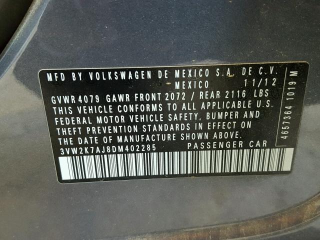 3VW2K7AJ8DM402285 - 2013 VOLKSWAGEN JETTA BASE 灰色 照片 10