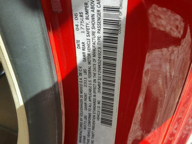 3VWRF31Y26M324923 - 2006 VOLKSWAGEN NEW BEETLE 红色 照片 10