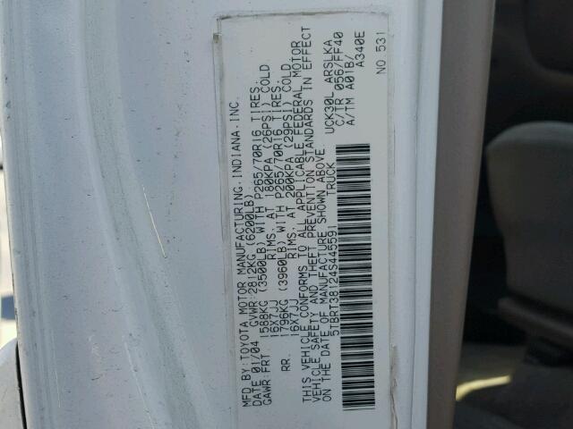 5TBRT38124S445591 - 2004 TOYOTA TUNDRA ACC WHITE photo 10