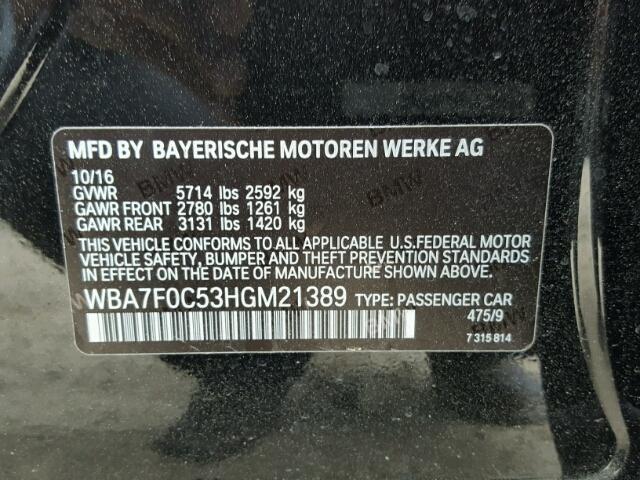 WBA7F0C53HGM21389 - 2017 BMW 750 I BLACK photo 10