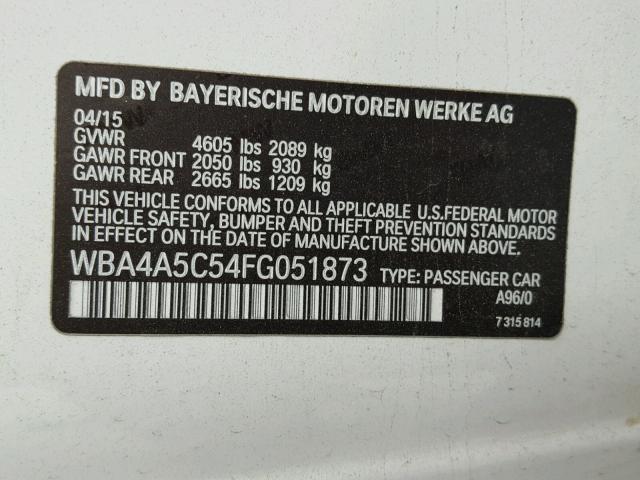 WBA4A5C54FG051873 - 2015 BMW 428 I WHITE photo 10