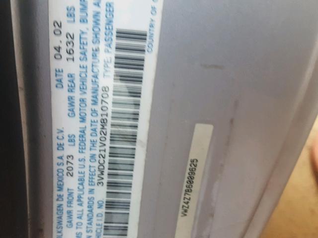 3VWDC21V02M810708 - 2002 VOLKSWAGEN CABRIO GLX 银色 照片 10