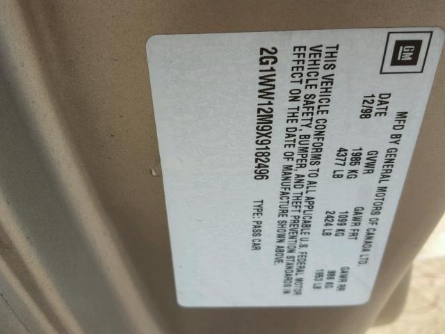 2G1WW12M9X9182496 - 1999 CHEVROLET MONTE CARL 棕色 照片 10