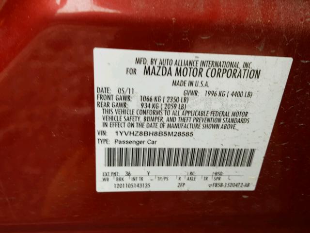 1YVHZ8BH8B5M28585 - 2011 MAZDA 6 I RED photo 10