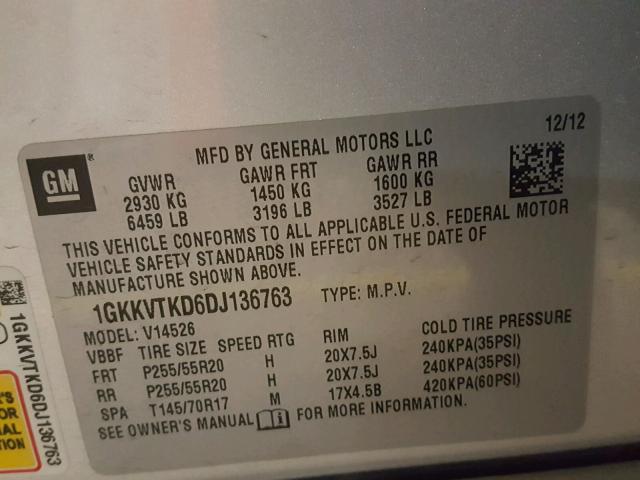 1GKKVTKD6DJ136763 - 2013 GMC ACADIA DEN SILVER photo 10