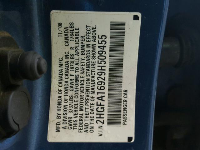 2HGFA16929H509455 - 2009 HONDA CIVIC EXL 蓝色 照片 10