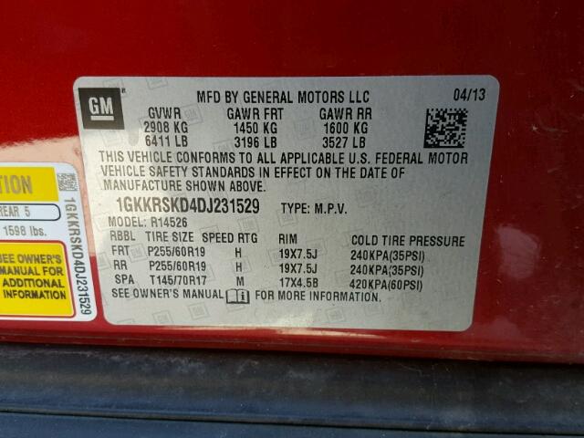 1GKKRSKD4DJ231529 - 2013 GMC ACADIA SLT წითელი ფოტო 10