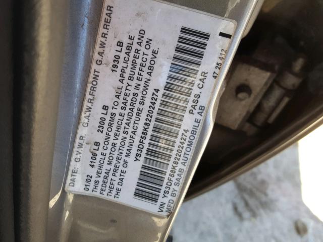 YS3DF58K822024274 - 2002 SAAB 9-3 SE GRAY photo 10