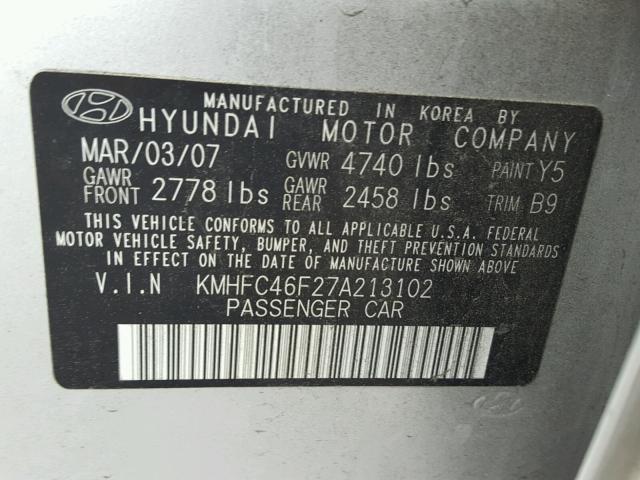 KMHFC46F27A213102 - 2007 HYUNDAI AZERA SE SILVER photo 10