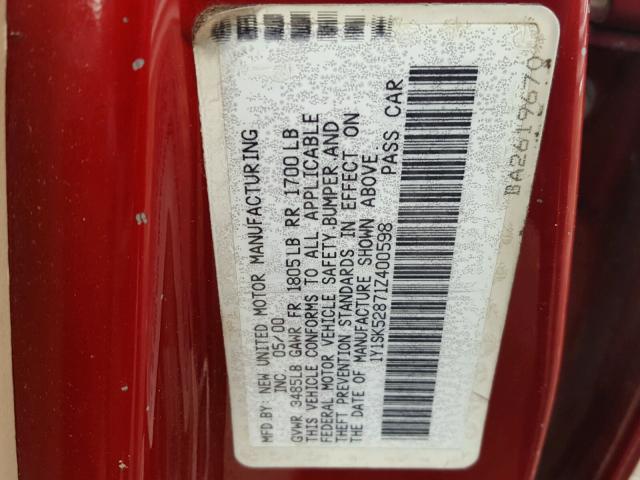 1Y1SK52871Z400598 - 2001 CHEVROLET GEO PRIZM 红色 照片 10