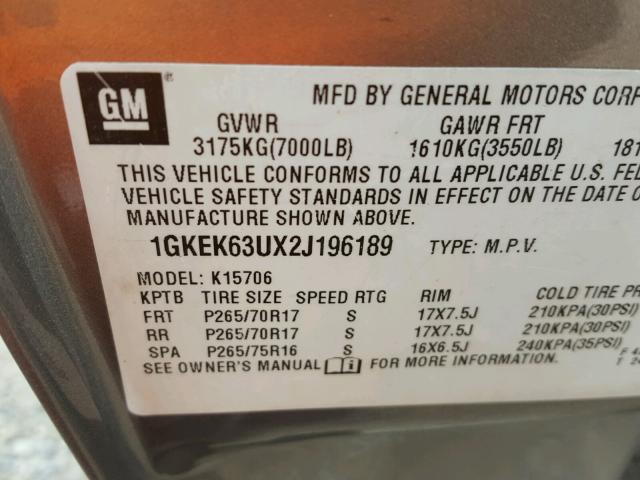 1GKEK63UX2J196189 - 2002 GMC DENALI CHARCOAL photo 10