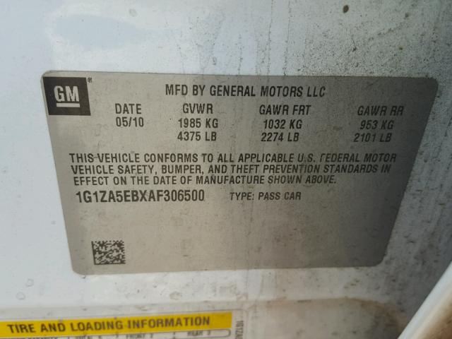 1G1ZA5EBXAF306500 - 2010 CHEVROLET MALIBU LS თეთრი ფოტო 10