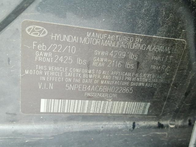 5NPEB4AC6BH022865 - 2011 HYUNDAI SONATA GLS BLUE photo 10