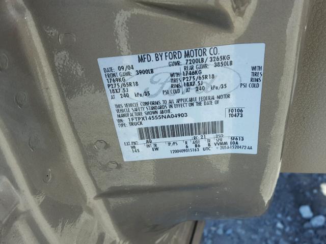 1FTPX14555NA04903 - 2005 FORD F150 BEIGE photo 10