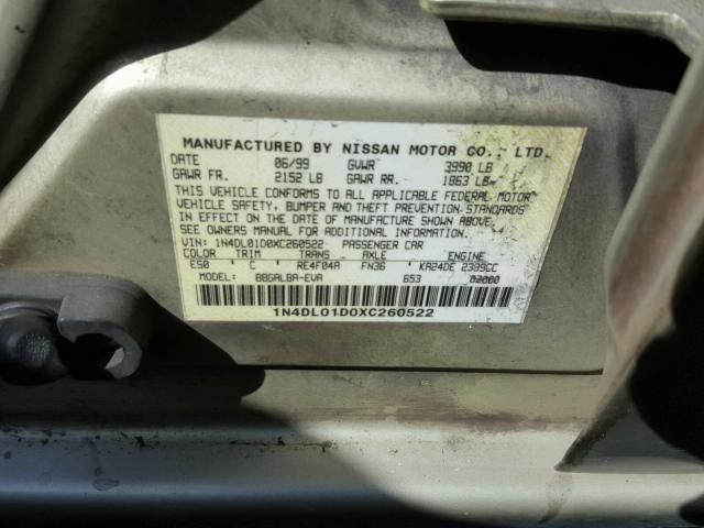 1N4DL01D0XC260522 - 1999 NISSAN ALTIMA XE GOLD photo 10