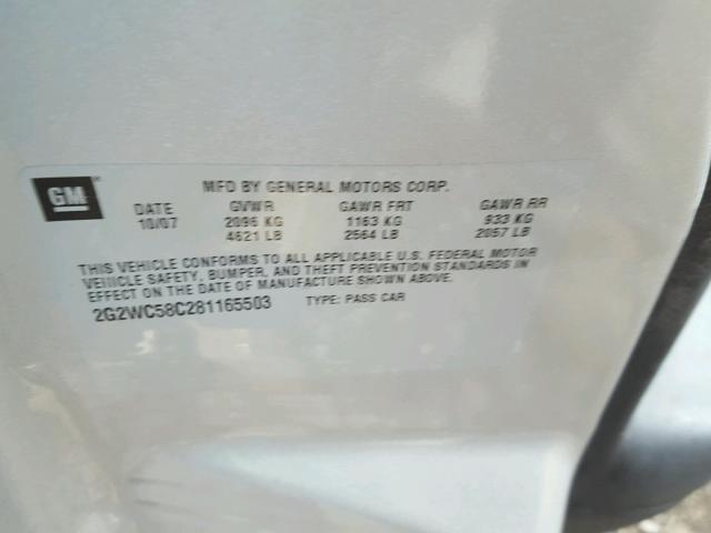 2G2WC58C281165503 - 2008 PONTIAC GRAND PRIX ვერცხლისფერი ფოტო 10