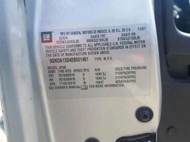 3GNDA13D48S601491 - 2008 CHEVROLET HHR LS SILVER photo 10