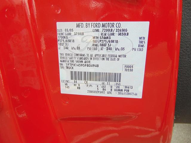 1FTPX14595FB04948 - 2005 FORD F150 RED photo 10