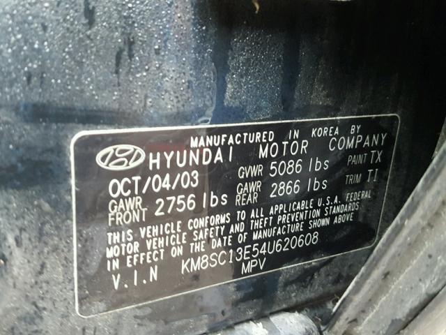 KM8SC13E54U620608 - 2004 HYUNDAI SANTA FE G BLACK photo 10