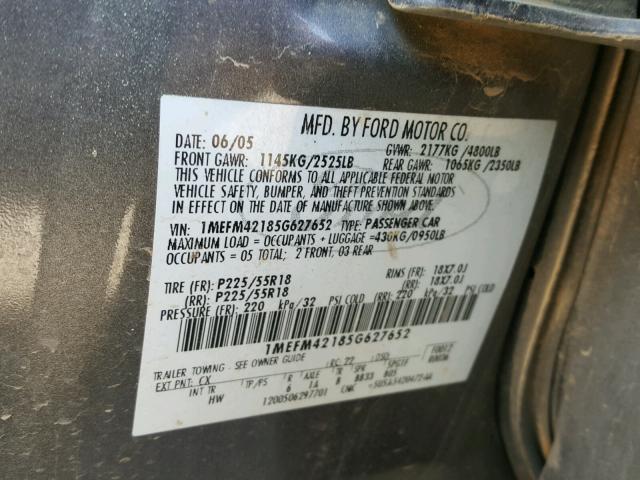 1MEFM42185G627652 - 2005 MERCURY MONTEGO PR 石墨色 照片 10