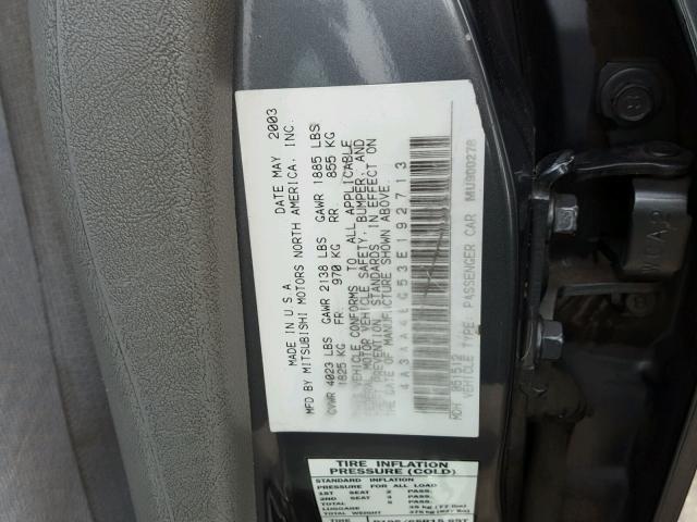 4A3AA46G53E192713 - 2003 MITSUBISHI GALANT ES GRAY photo 10