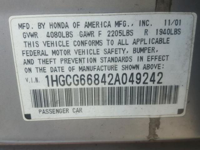 1HGCG66842A049242 - 2002 HONDA ACCORD EX SILVER photo 10