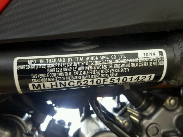 MLHNC5210F5101421 - 2015 HONDA CB300 F RED photo 10