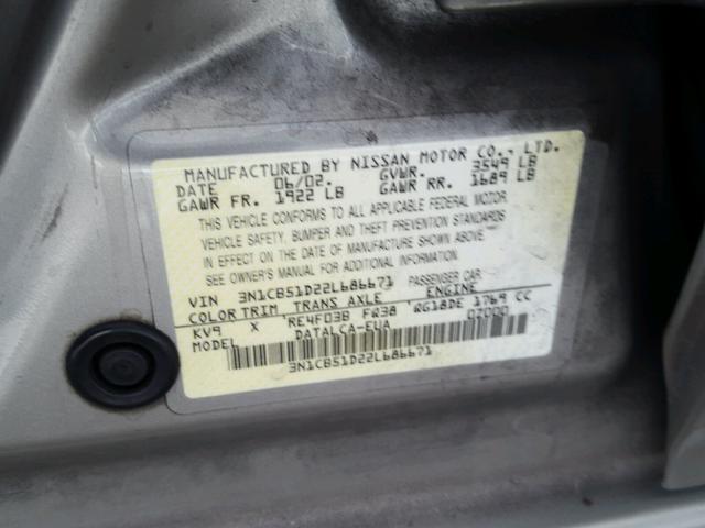 3N1CB51D22L686671 - 2002 NISSAN SENTRA XE GREEN photo 10