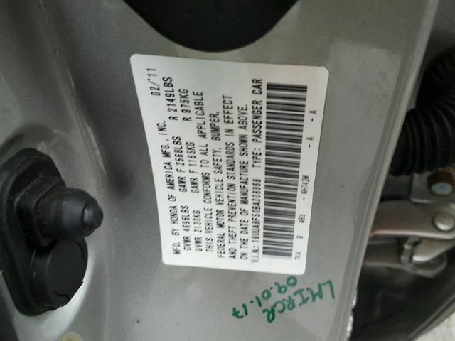 19UUA8F50BA008968 - 2011 ACURA TL SILVER photo 10