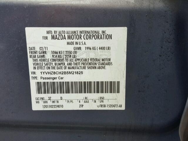 1YVHZ8CH2B5M21825 - 2011 MAZDA 6 I Bleu photo 10