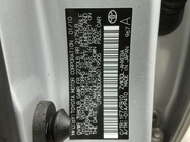 JTDKN3DU6A0119505 - 2010 TOYOTA PRIUS SILVER photo 10