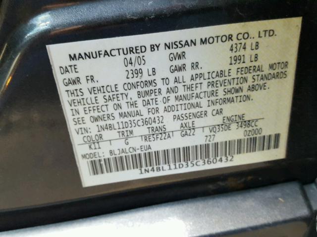 1N4BL11D35C360432 - 2005 NISSAN ALTIMA SE GRAY photo 10