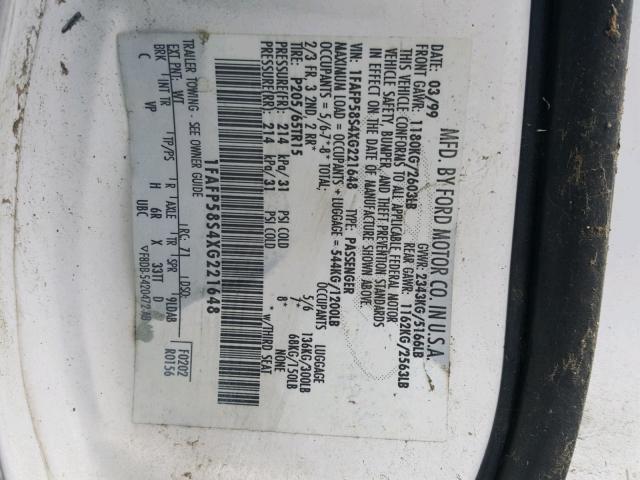 1FAFP58S4XG221648 - 1999 FORD TAURUS SE WHITE photo 10