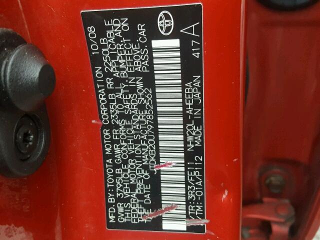 JTDKB20U797852562 - 2009 TOYOTA PRIUS RED photo 10