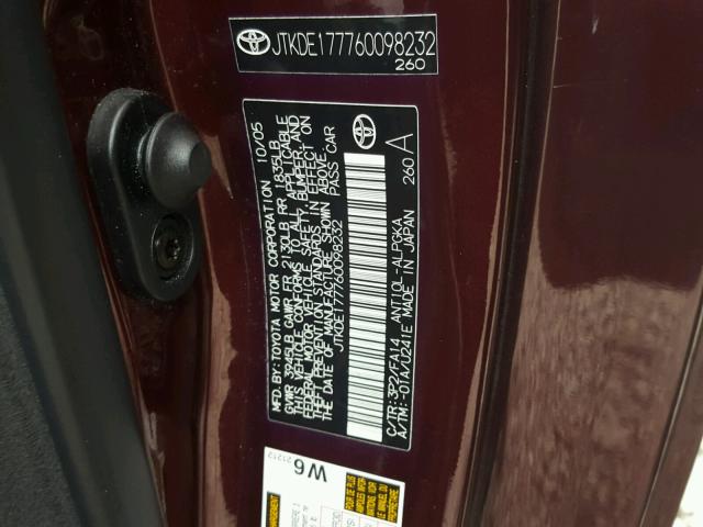 JTKDE177760098232 - 2006 TOYOTA SCION TC 勃艮第红 照片 10