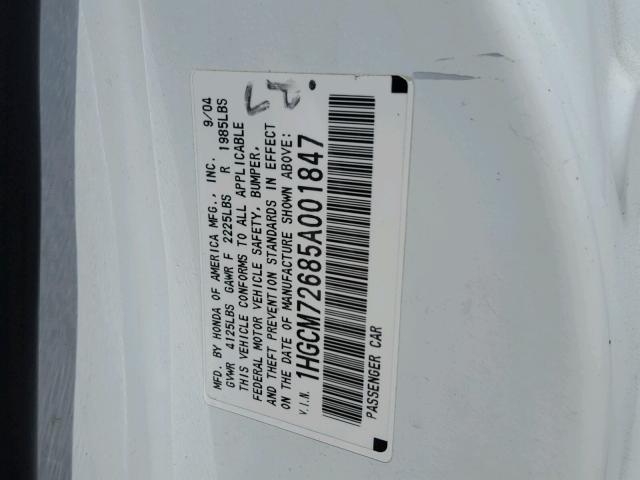 1HGCM72685A001847 - 2005 HONDA ACCORD EX WHITE photo 10