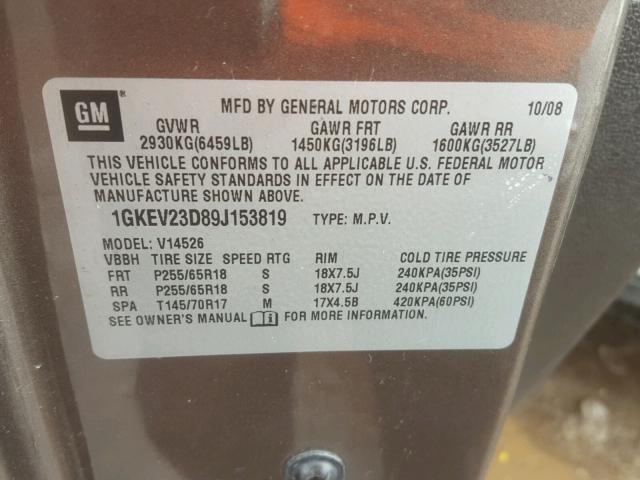 1GKEV23D89J153819 - 2009 GMC ACADIA SLT 棕色 照片 10