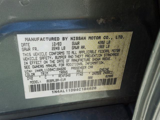 1N4AL11D94C184626 - 2004 NISSAN ALTIMA BAS GREEN photo 10