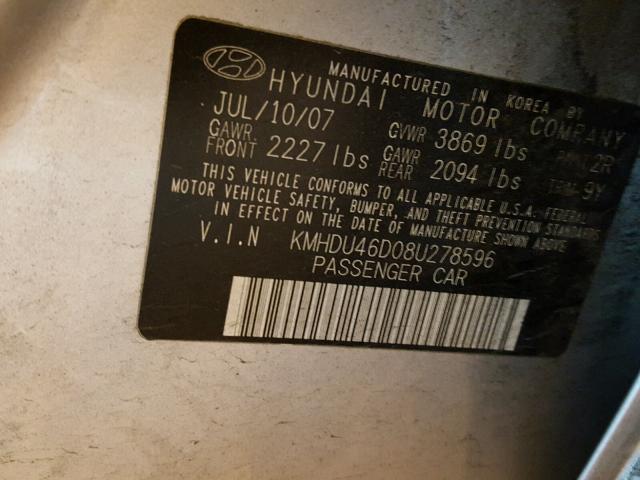 KMHDU46D08U278596 - 2008 HYUNDAI ELANTRA GL GRAY photo 10