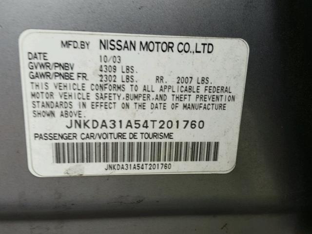 JNKDA31A54T201760 - 2004 INFINITI I35 SILVER photo 10