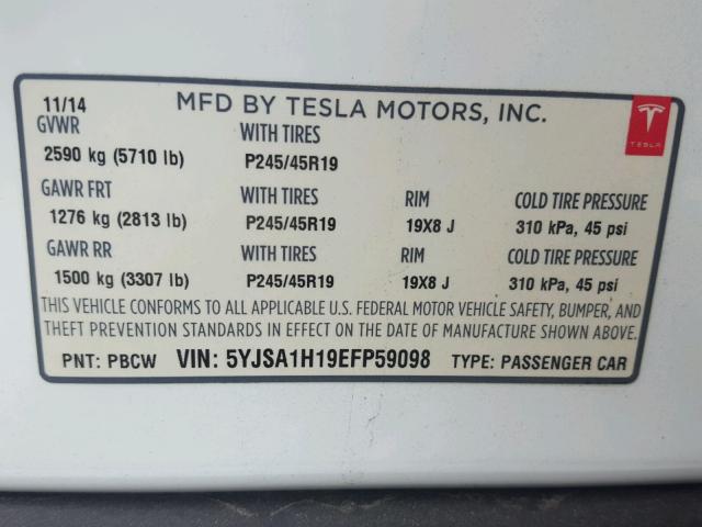 5YJSA1H19EFP59098 - 2014 TESLA MODEL S WHITE photo 10