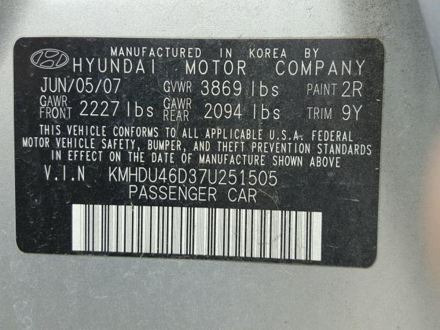 KMHDU46D37U251505 - 2007 HYUNDAI ELANTRA GL SILVER photo 10