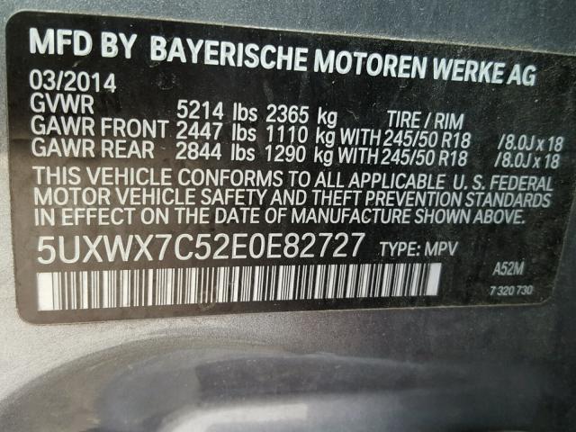 5UXWX7C52E0E82727 - 2014 BMW X3 XDRIVE3 GRAY photo 10