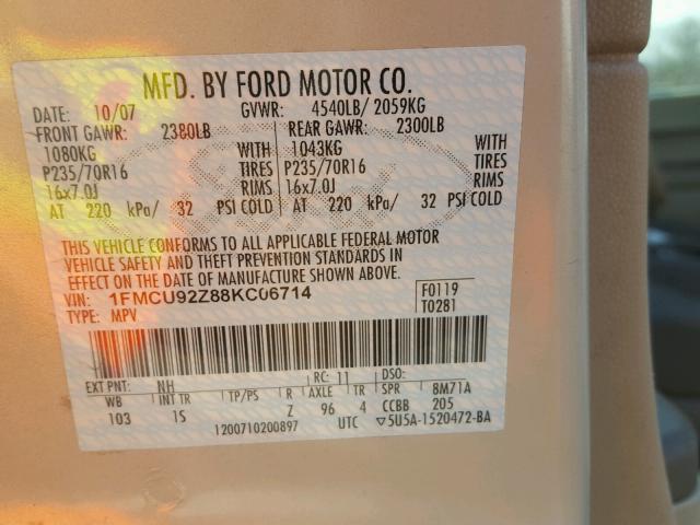 1FMCU92Z88KC06714 - 2008 FORD ESCAPE XLS WHITE photo 10